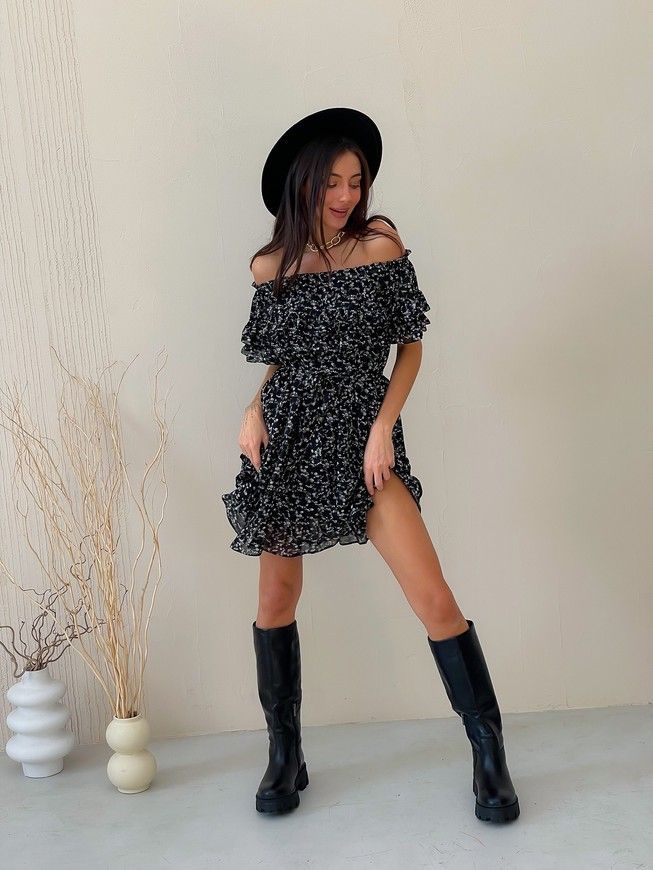 Sundress Tyu-Tyu! XS/S chiffon floral black with ruffles and with bare shoulders