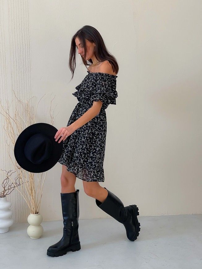 Sundress Tyu-Tyu! XS/S chiffon floral black with ruffles and with bare shoulders