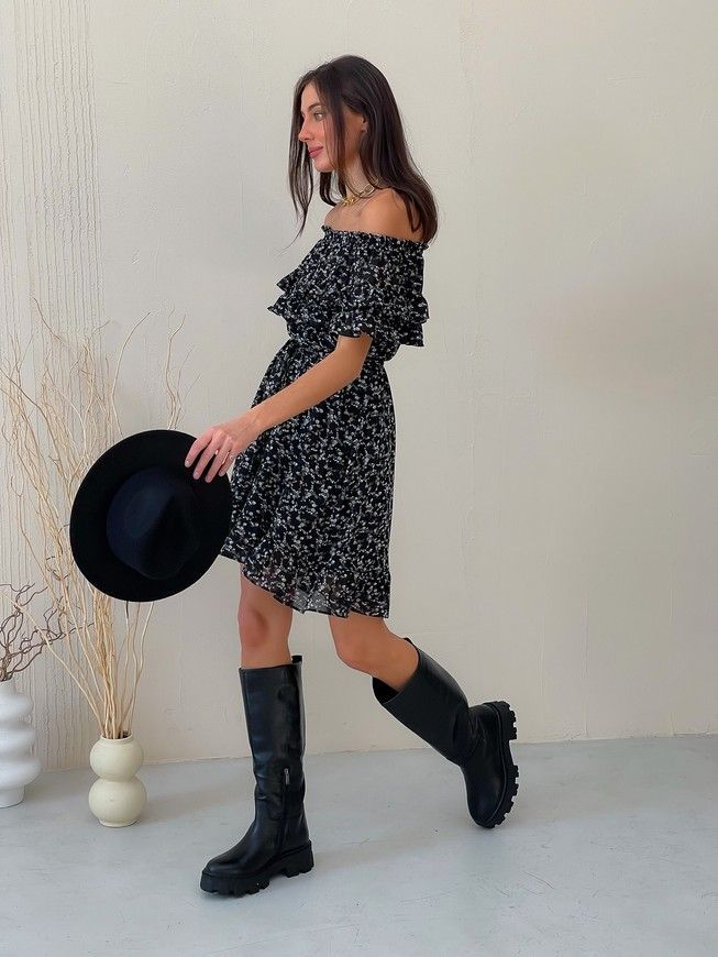Sundress Tyu-Tyu! XS/S chiffon floral black with ruffles and with bare shoulders